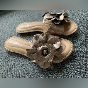 Born & Crown Albright Flat Slide Metallic Snake Stamped Leather Flower Sandal